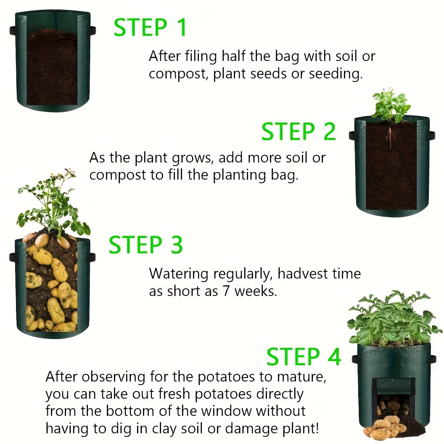 5pcs Green 7-Gallon Fabric Grow Bags with Handles for Outdoor Vegetable Gardening