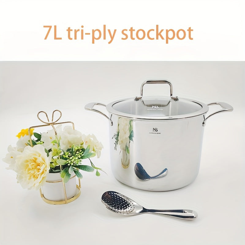 7L Stainless Steel Stockpot with Glass Lid, Deep Cooking Pot for Gas Induction Electric Stovetops