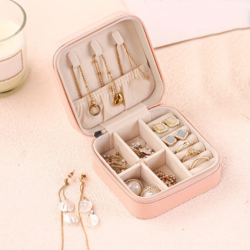 Faux Leather Jewelry Organizer Box with Detachable Compartments and Necklace Hook for Travel and Storage