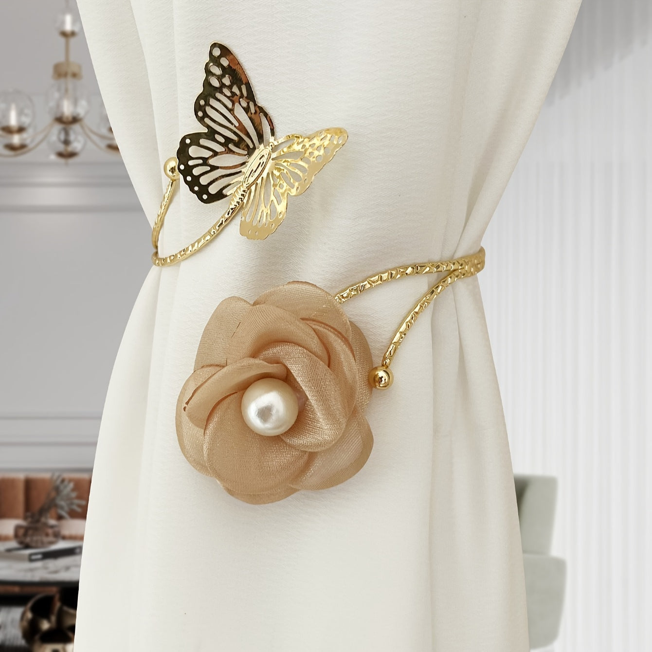 3D Butterfly Flower Faux Pearl Curtain Tieback Decorative Curtain Holder for Living Room Bedroom