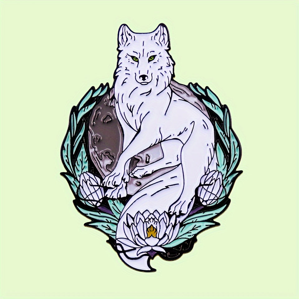 White Wolf and Lotus Flower Brooch Pin Alloy Vintage-Inspired Animal Floral Accessory