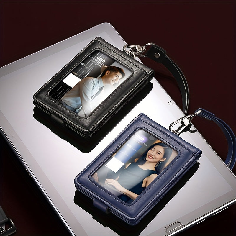 Teri ID kartasi ushlagichi, lanyard bilan, 5 ta karta joyi, PU terisi, inglizcha matn, rasmiy biznes aksessuar.