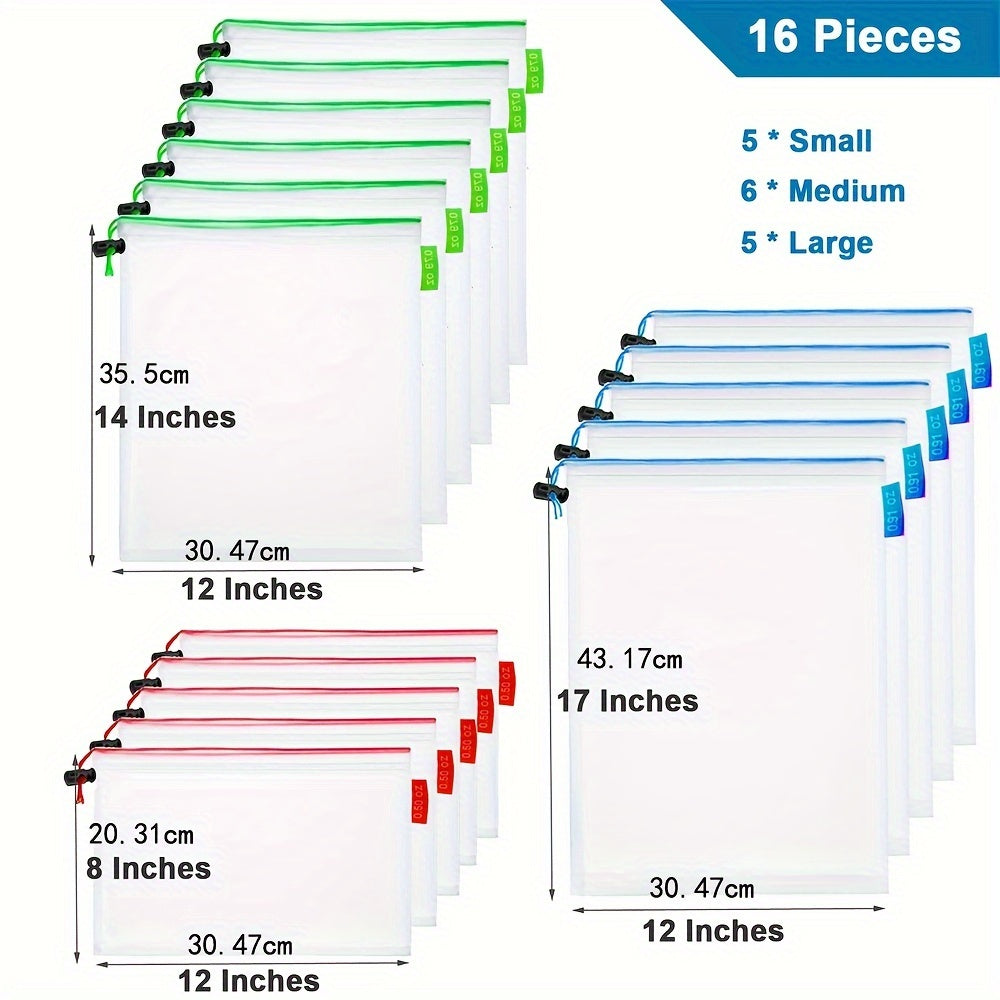 Juego de 16 bolsas de almacenamiento de malla en 3 tamaños, bolsas organizadoras reutilizables con cordón