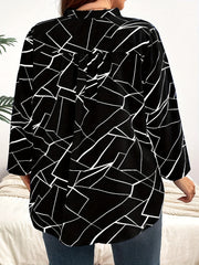 Plus Size Geometric Print Blouse with V Neck and Roll Tab Sleeves for Spring