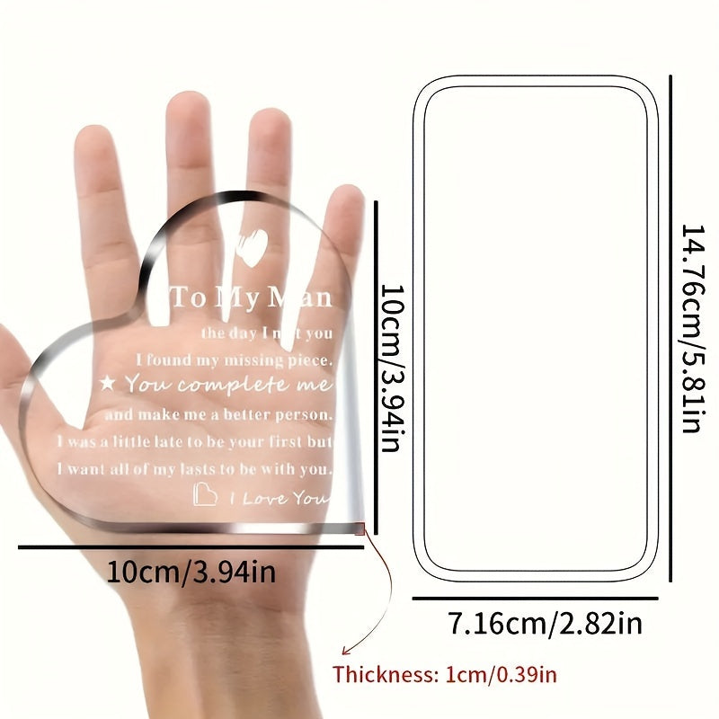 Yurak shaklidagi akril plaka: maxsus tadbirlarda er yoki o‘g‘il do‘st uchun ideal sovg‘a, noyob sevgini ifodalash. Rojdestvo yoki har qanday bayram uchun ajoyib.