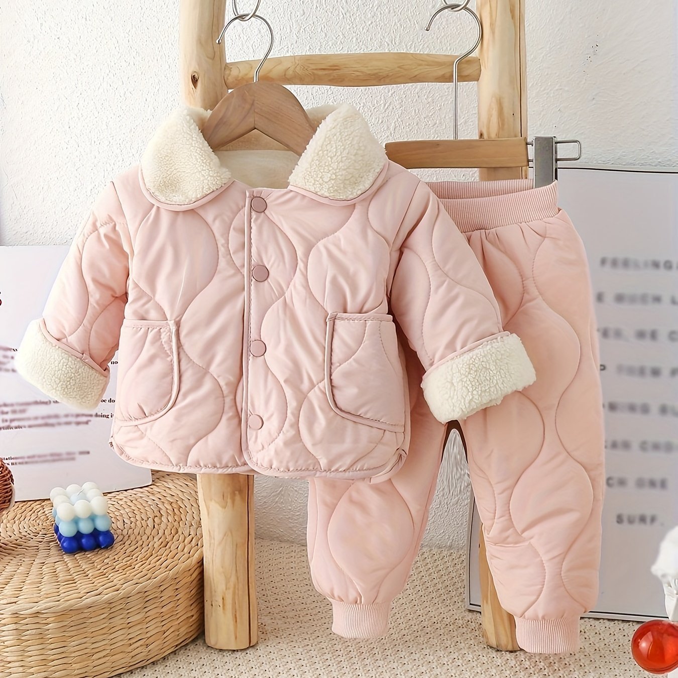 Kuz/qish uchun qulay teddy yaka bilan qalin ikki cho'ntakli kiyim to'plami. Mashinada yuvish mumkin, bir rangda, polyesterdan tayyorlangan, ochiq havoda kiyish uchun mukammal.