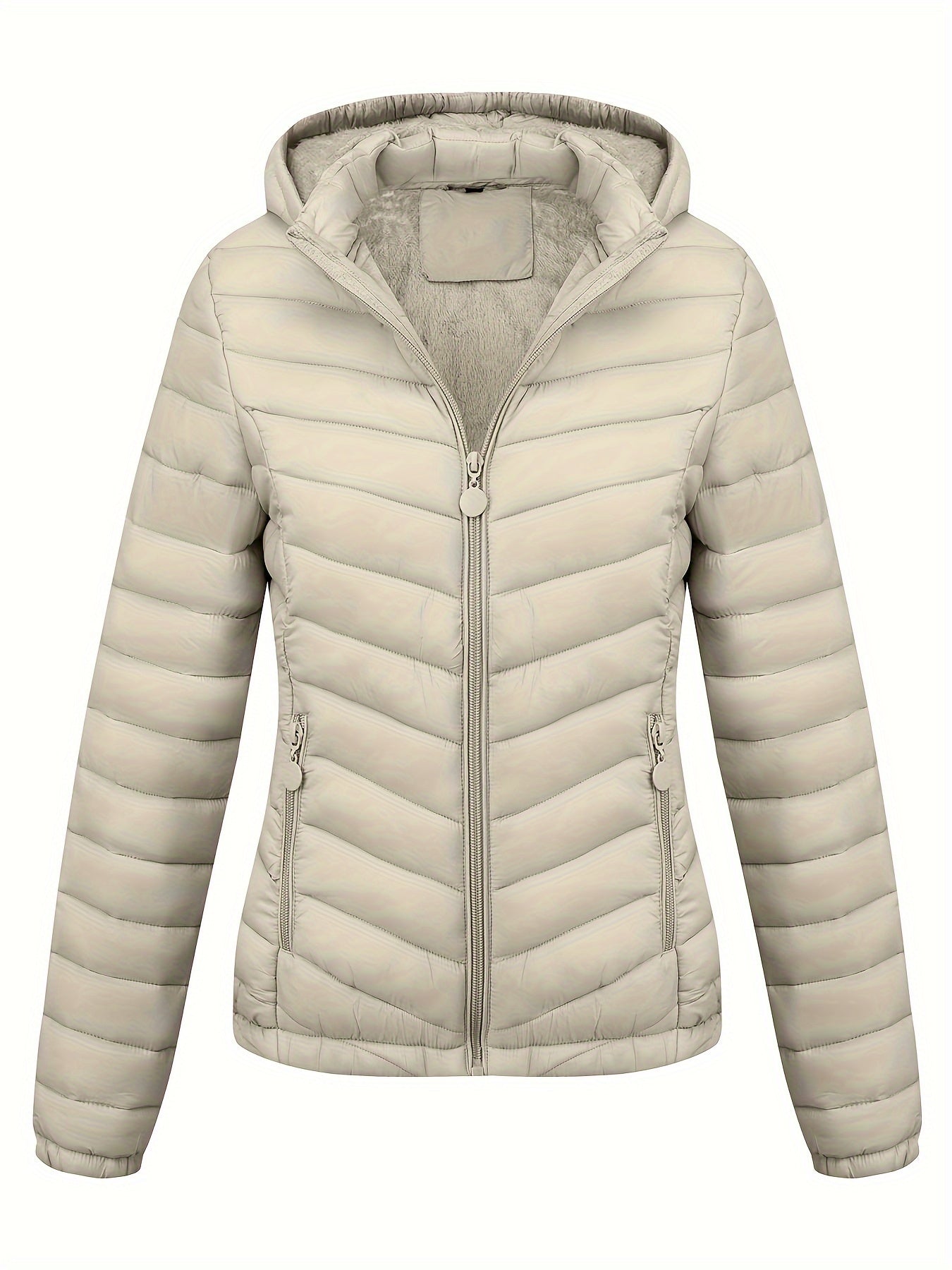 Abrigo acolchado con cremallera para mujer con bolsillos inclinados, manga larga, otoño e invierno, impermeable, no elástico
