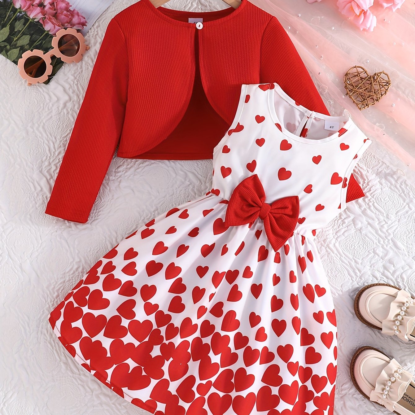Girls' Valentines Day Outfit Set Long-Sleeved Cardigan and Sleeveless Sundress for Kids
