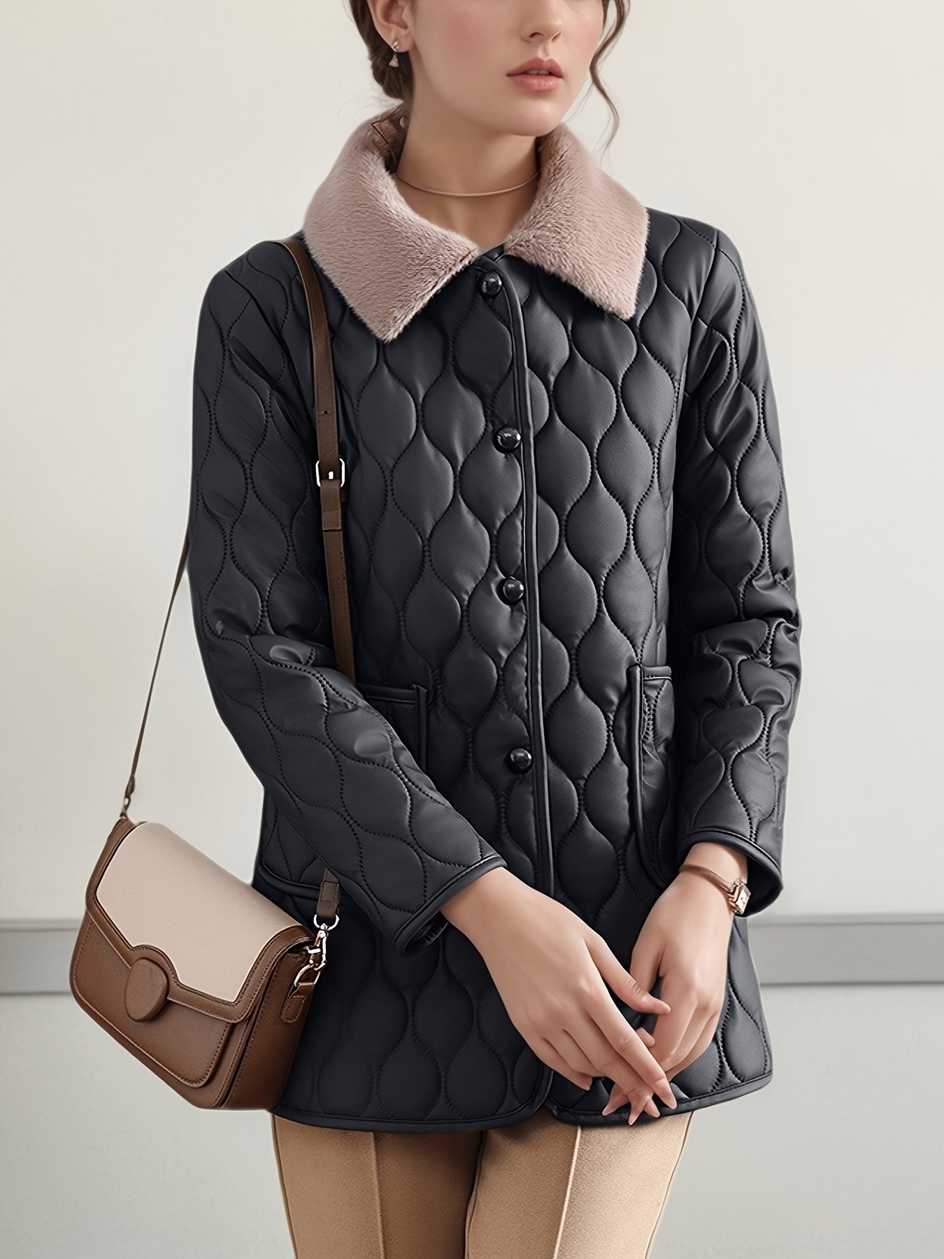 Women's Quilted Polyester Jacket with Faux Fur Collar Long Sleeve Flared Hem All-Season