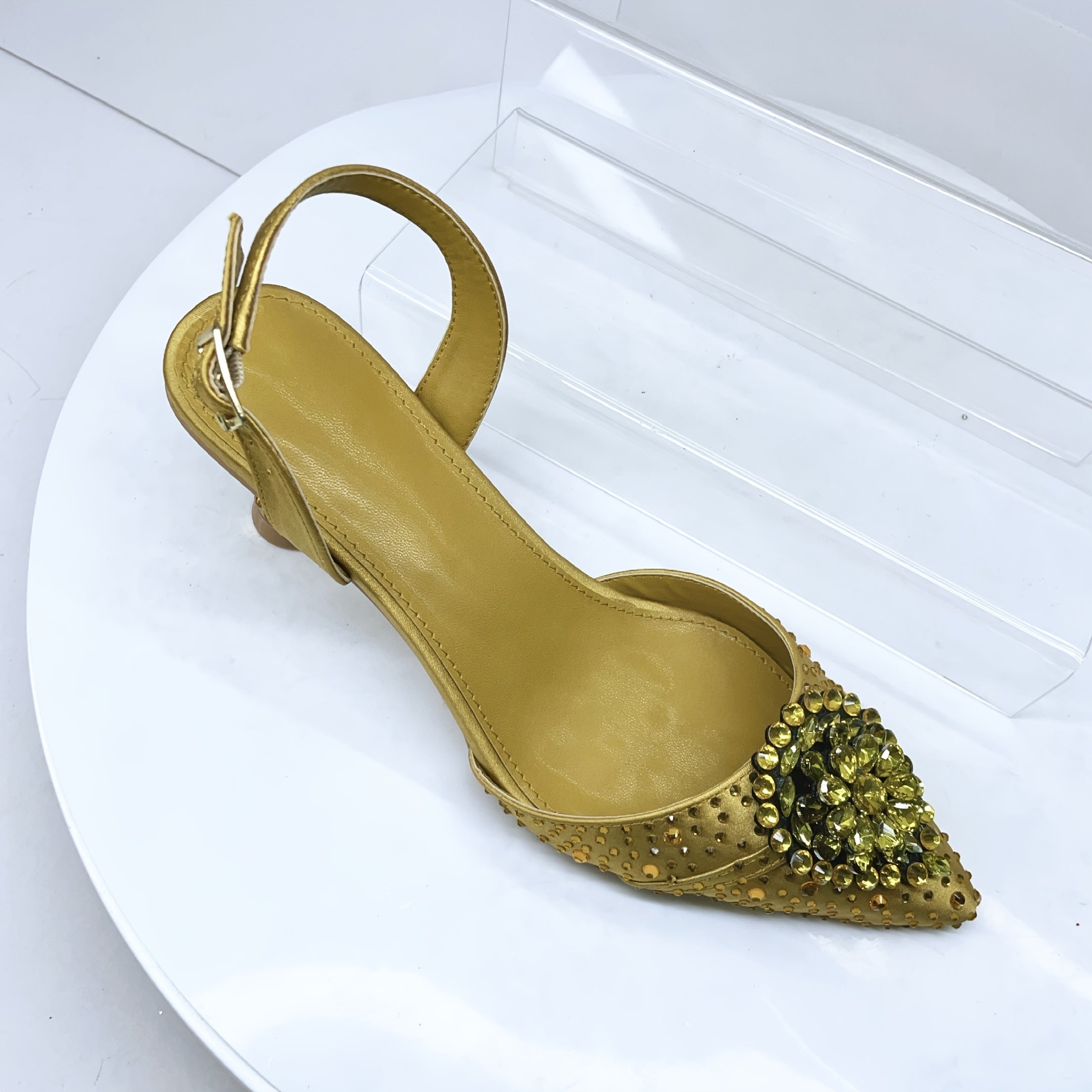 Women Purple Pointed Toe Flare Heel Shoes with Rhinestones for Weddings