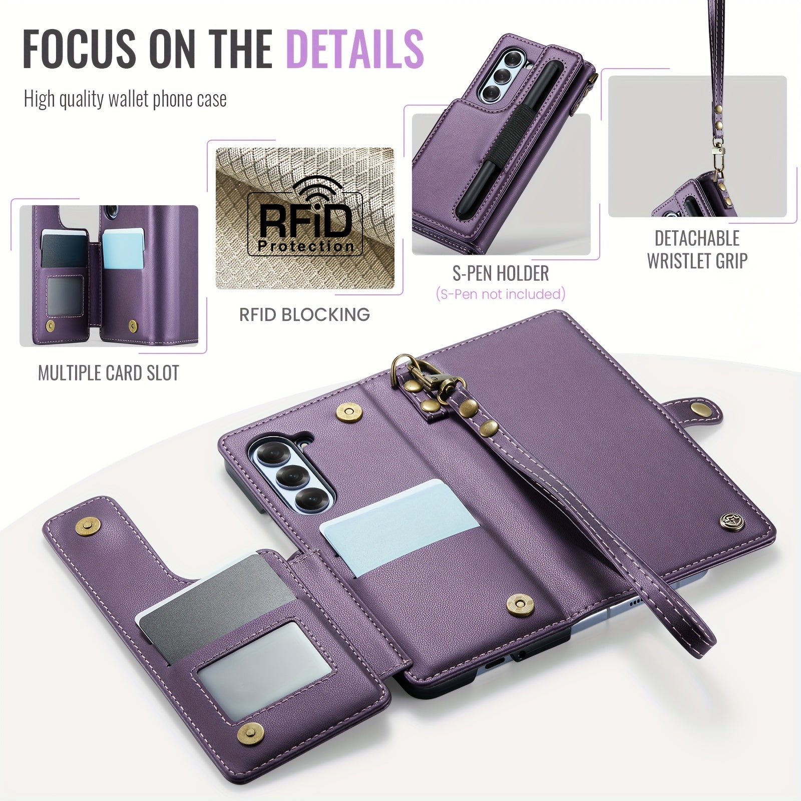Galaxy Z Fold 6 Faux Leather Wallet Case with RFID Blocking Holder Pen Slot Wrist Strap