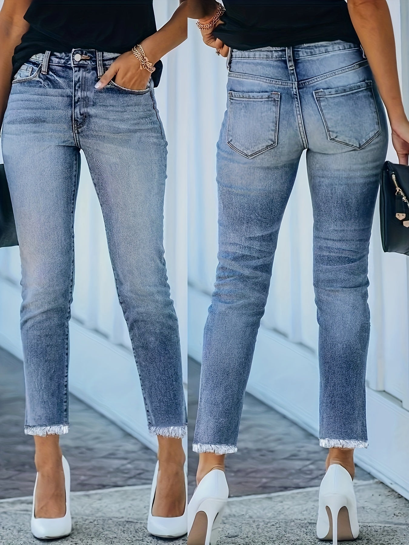 Women's High Stretch Skinny Jeans Mid Waist Cropped Tapered Carrot Fit Street Style