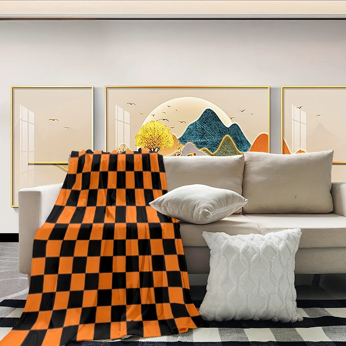 Mid-Century Modern Plaid Throw Blanket in Soft Flannel with Digital Print for Home Decor