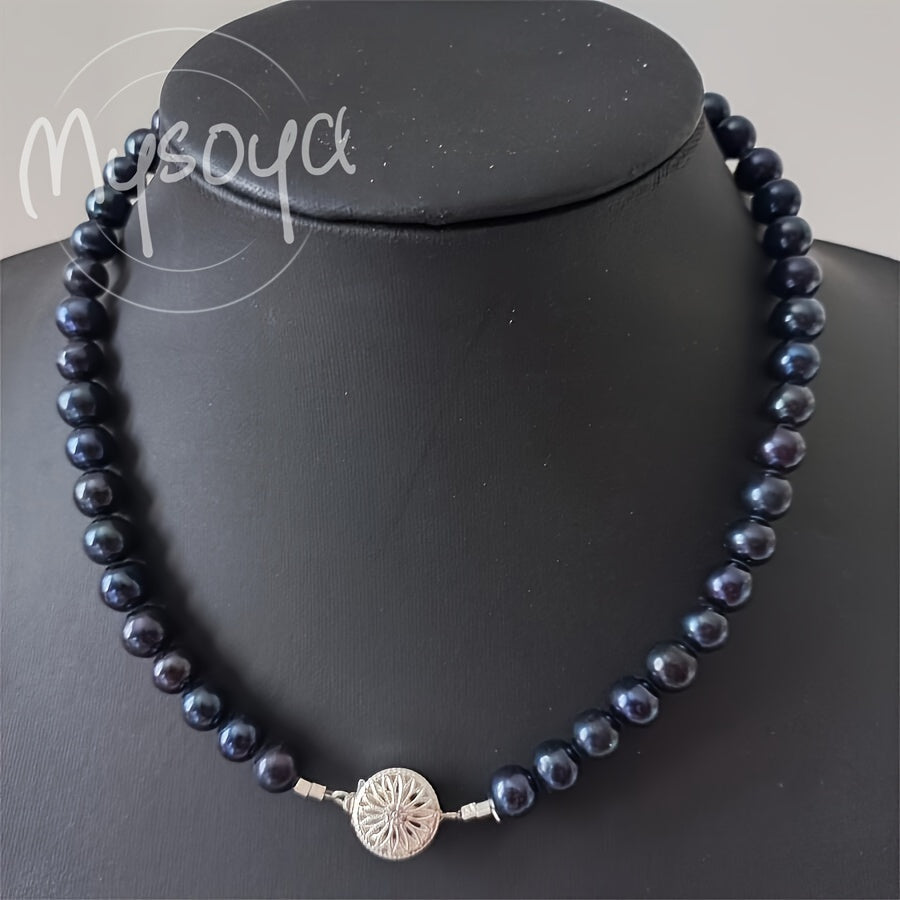 Collar de perlas de agua dulce azul con cierre de flor de plata, perlas de 8-9mm, regalo de piedra de nacimiento de junio para mujeres