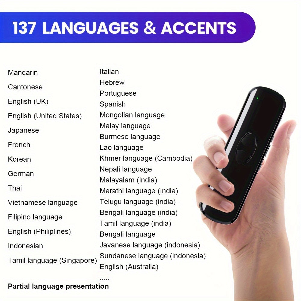137-ta tilni tezkor tarjima qiluvchi, USB-C zaryadlash, simsiz ulanish va 400mAh batareyaga ega portativ AI ovozli tarjima qurilmasi, sayohat, biznes va til o'rganish uchun ideal.