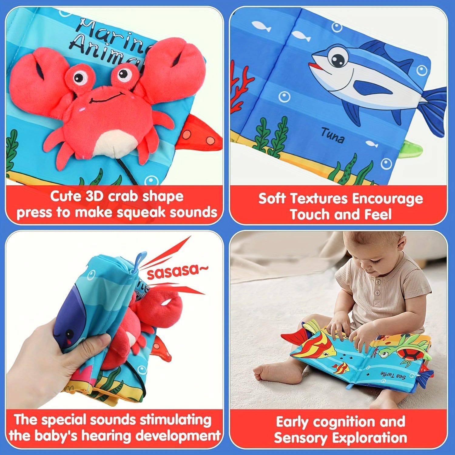 3D Touch yuqori kontrastli ranglar bilan bolalar uchun Baby Soft Books va tishlash o'yinchoqlari