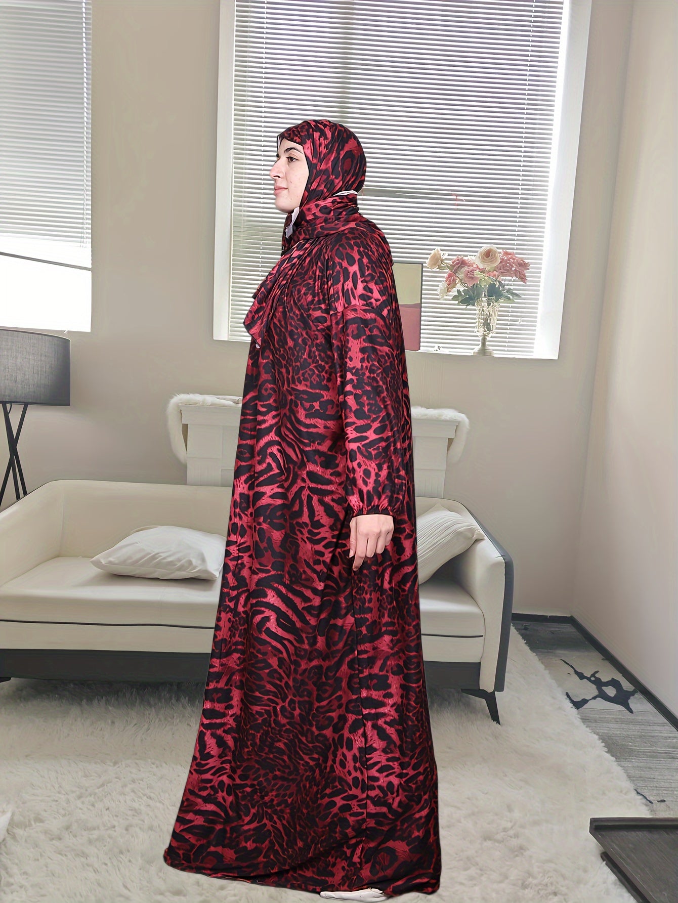 Women's Abaya Ultra-Soft Stretchy Long Sleeve Leopard Print Red Accents