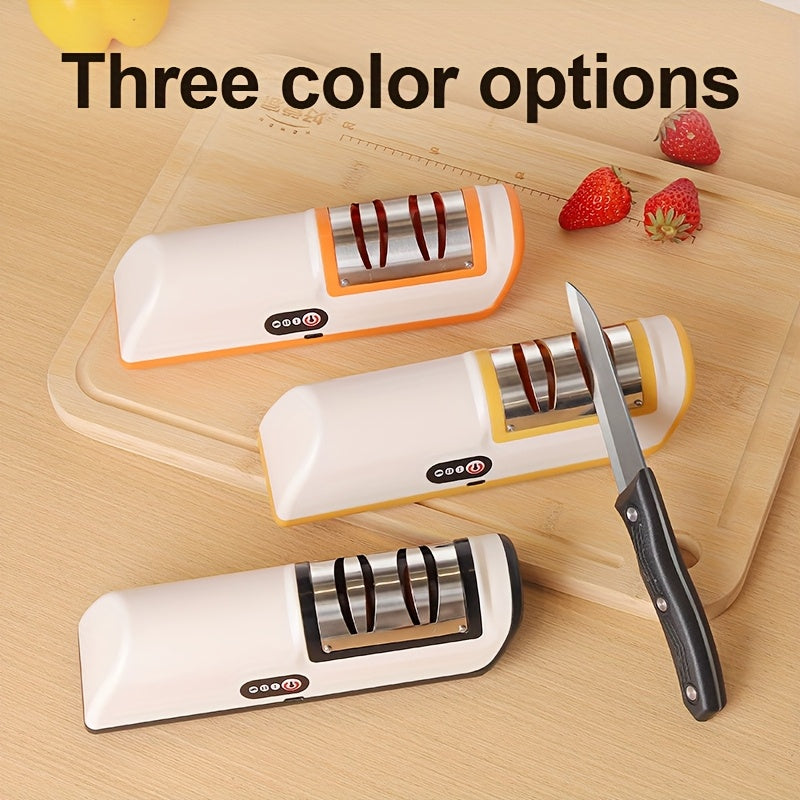 Moslashuvchan 20 daraja burchak bilan portativ USB quvvatlanadigan elektr pichoq silliqlash mashinasi. Turli oshxona pichoqlari va keramik pichoqlar uchun mos. Bardoshli plastmassa korpus.