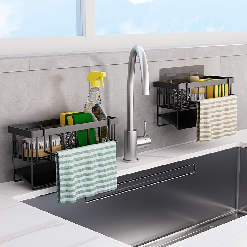 Black And White Kitchen Sink Organizer With Towel Rack And Accessories