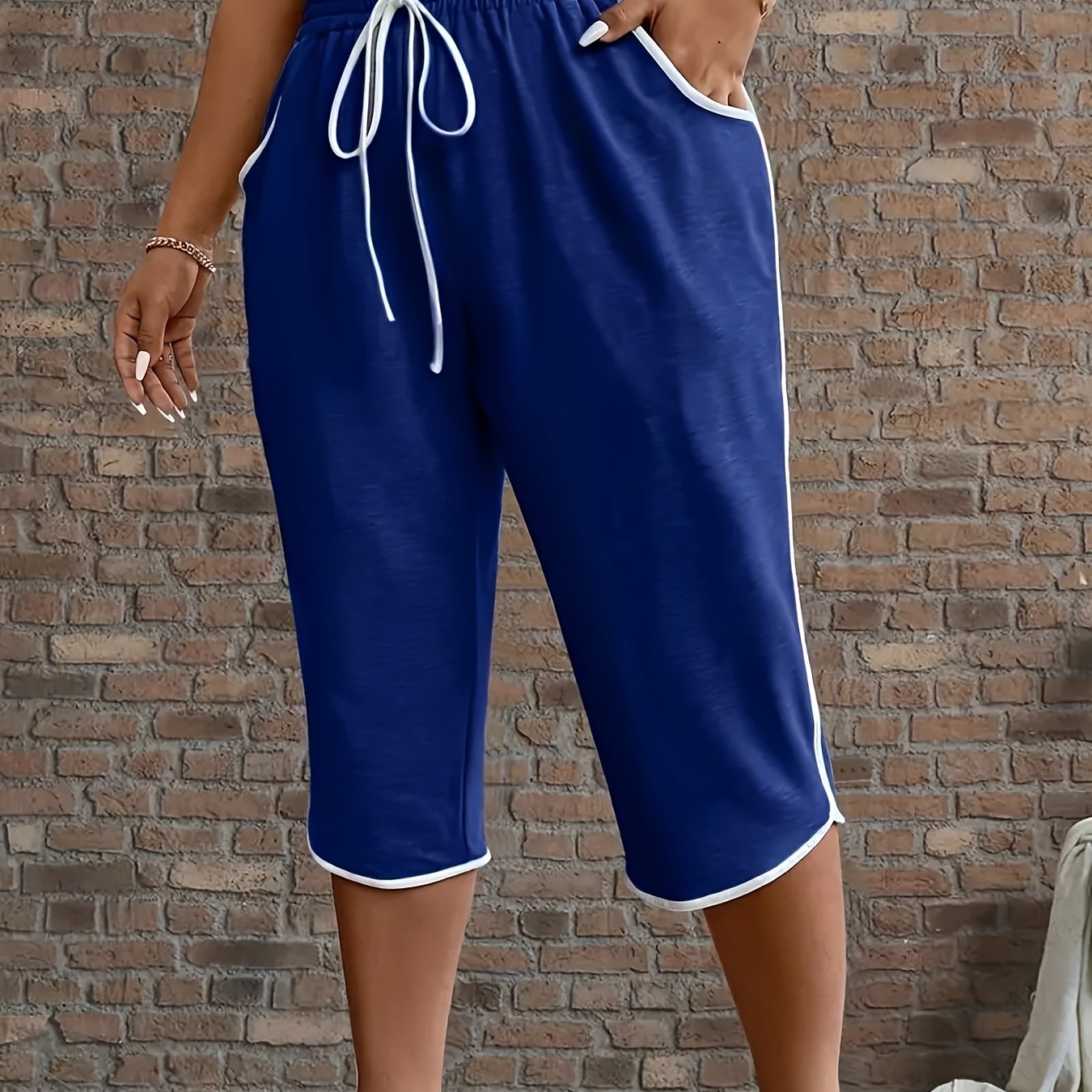 Women's Casual Three-Quarter Pants Polyester Knit Solid Color Pockets Summer