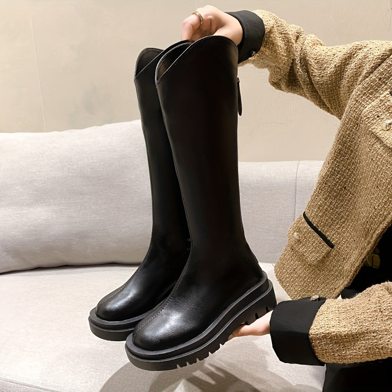 Women's Black Knee-High Mid-Heel Chunky Boots with Zipper