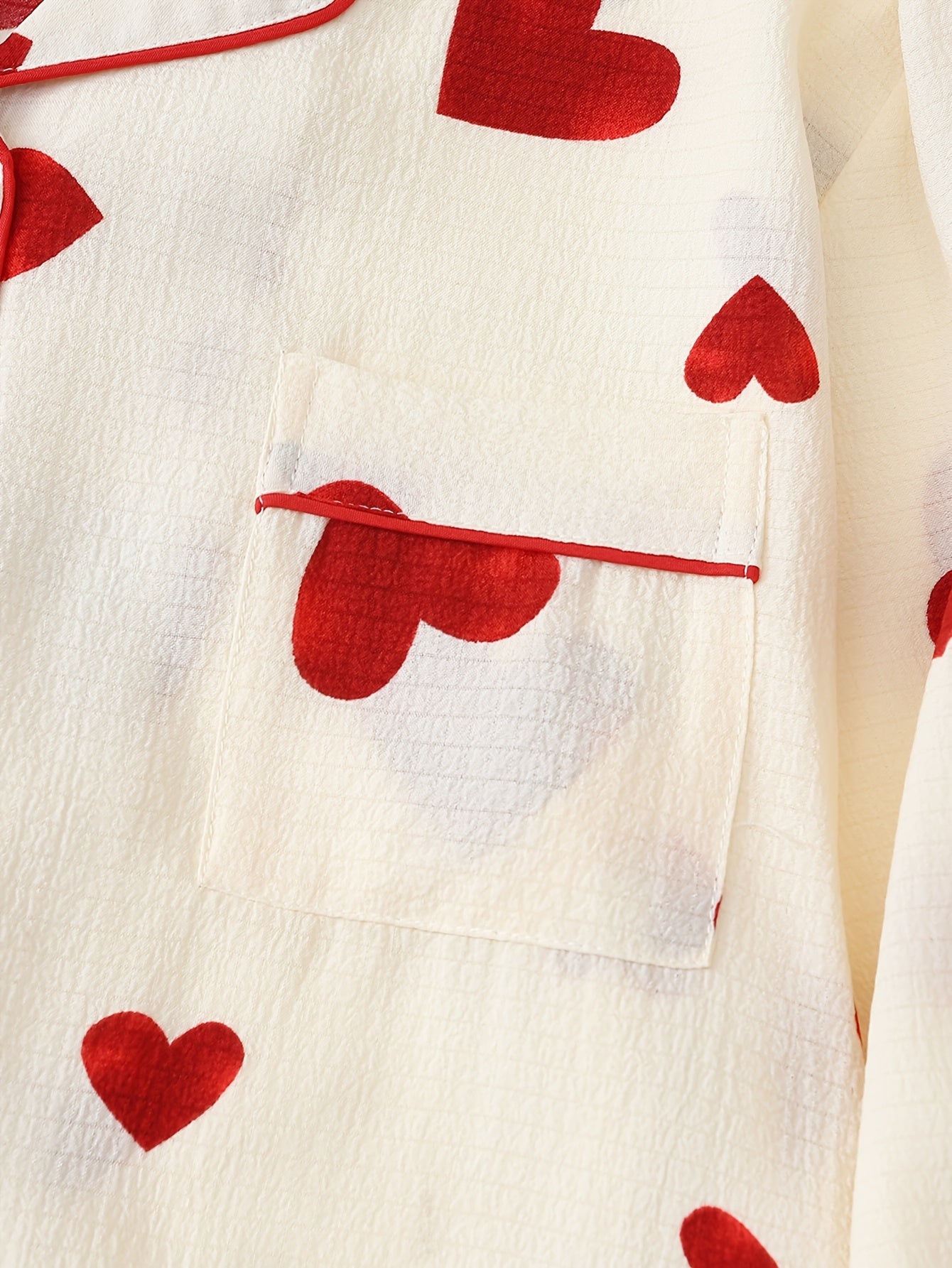 Women's Red Heart Print Pajama Set with Long Sleeves and Lapel Collar