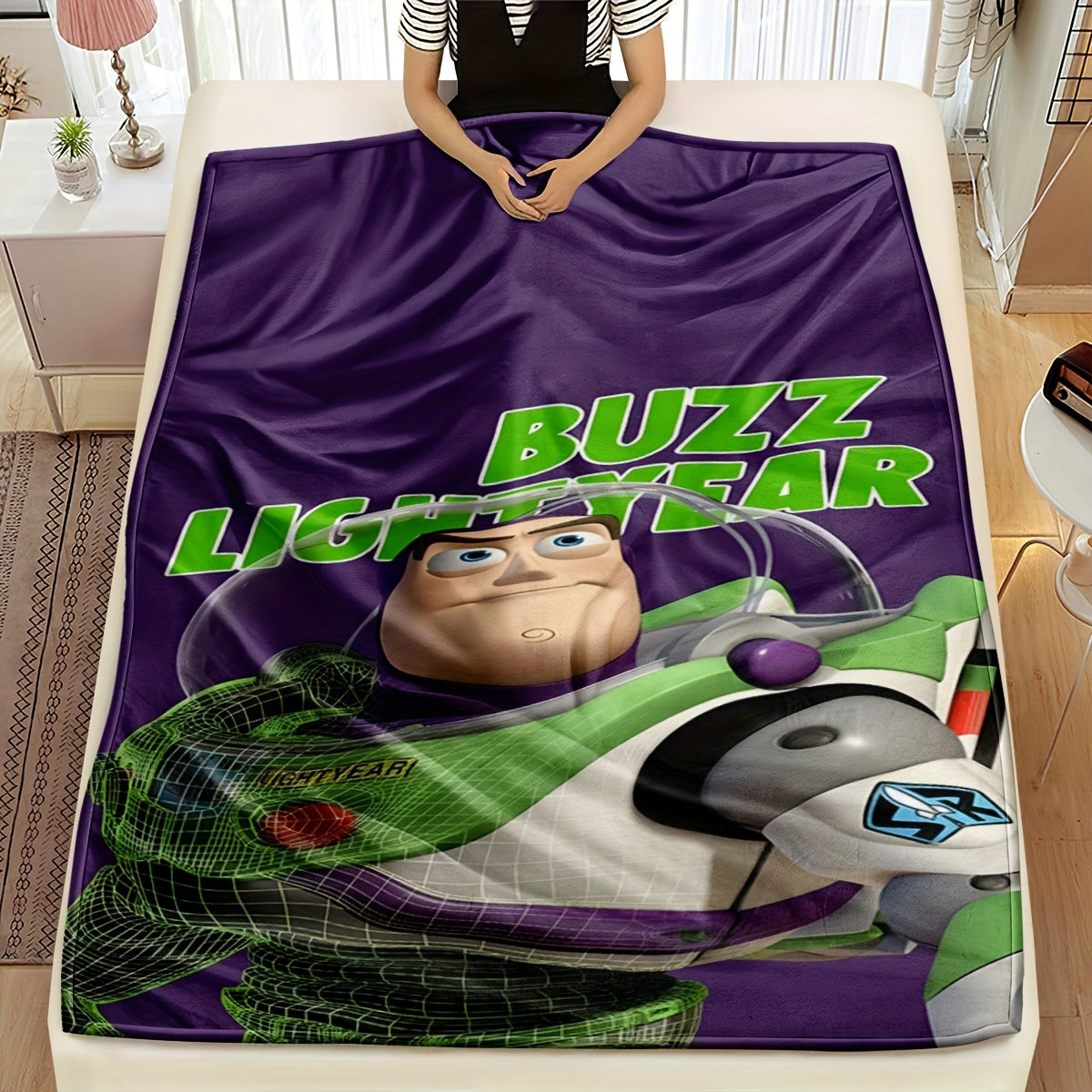 Action Figure Toy for Kids Buzz Lightyear Green Astronaut with Dinosaur on Purple Blanket