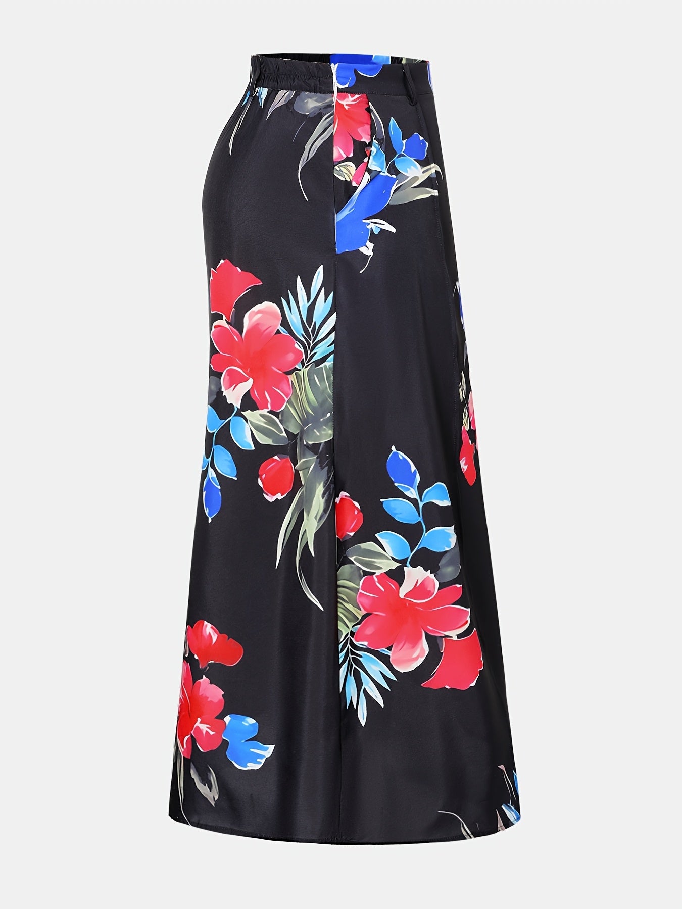 Plus o'lchamli gul bosma bilan cho'ntakli yuqori bel polyester barcha mavsumlar uchun skjørt