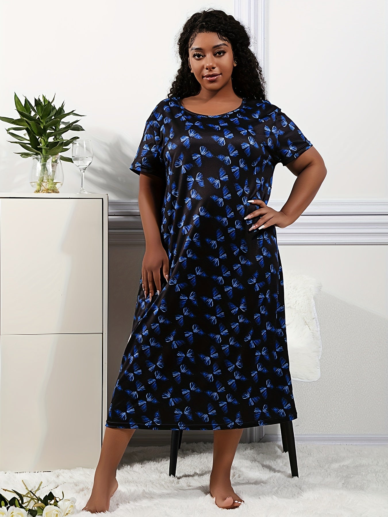 Plus Size Women's Colorful Butterfly Print Sleep Dress Casual Lounge Nightgown