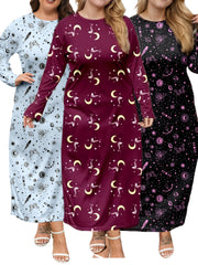 Women Long Sleeve Night Dresses Butterfly Print Casual Sleepwear Pack
