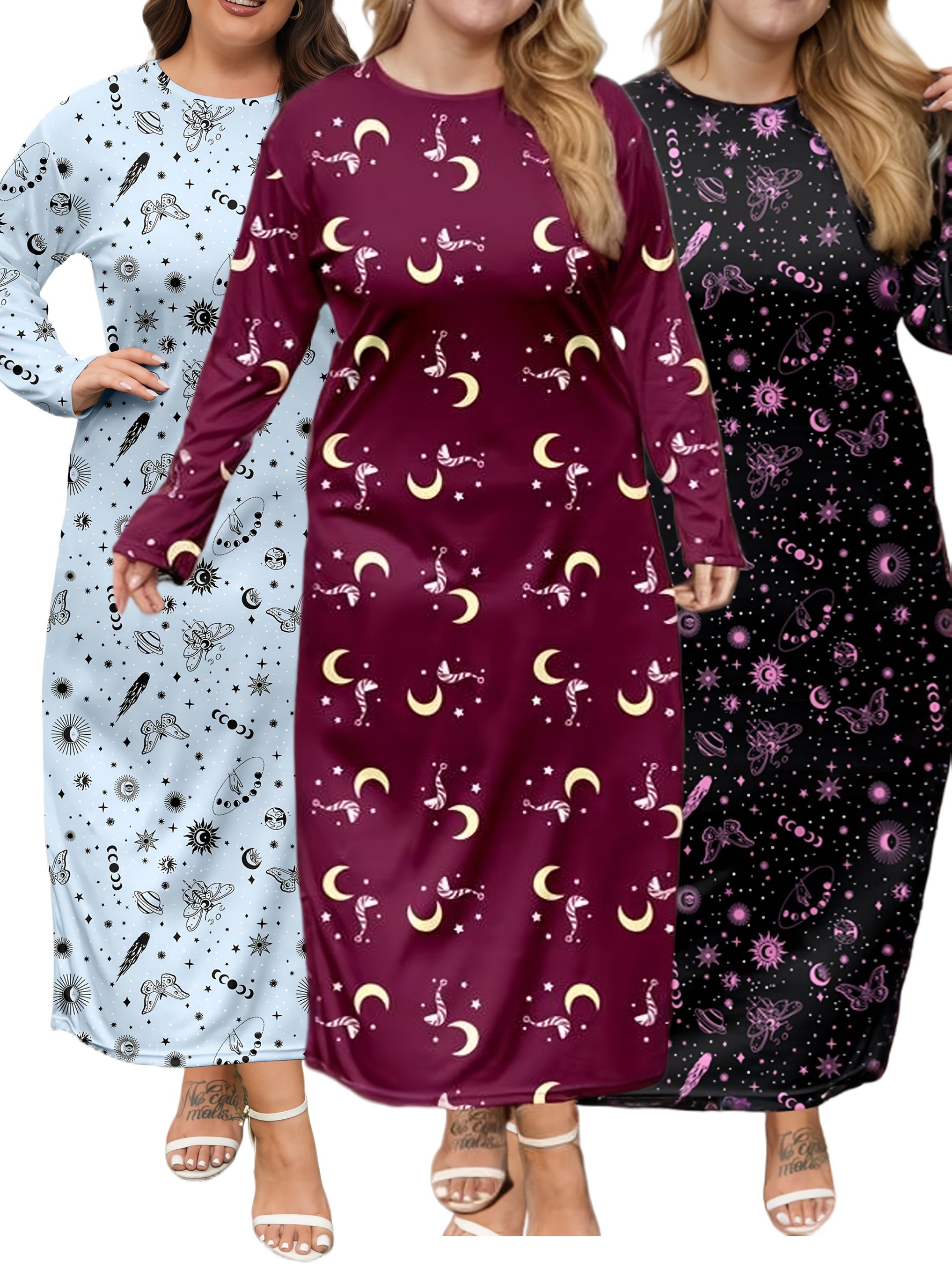Women Long Sleeve Night Dresses Butterfly Print Casual Sleepwear Pack