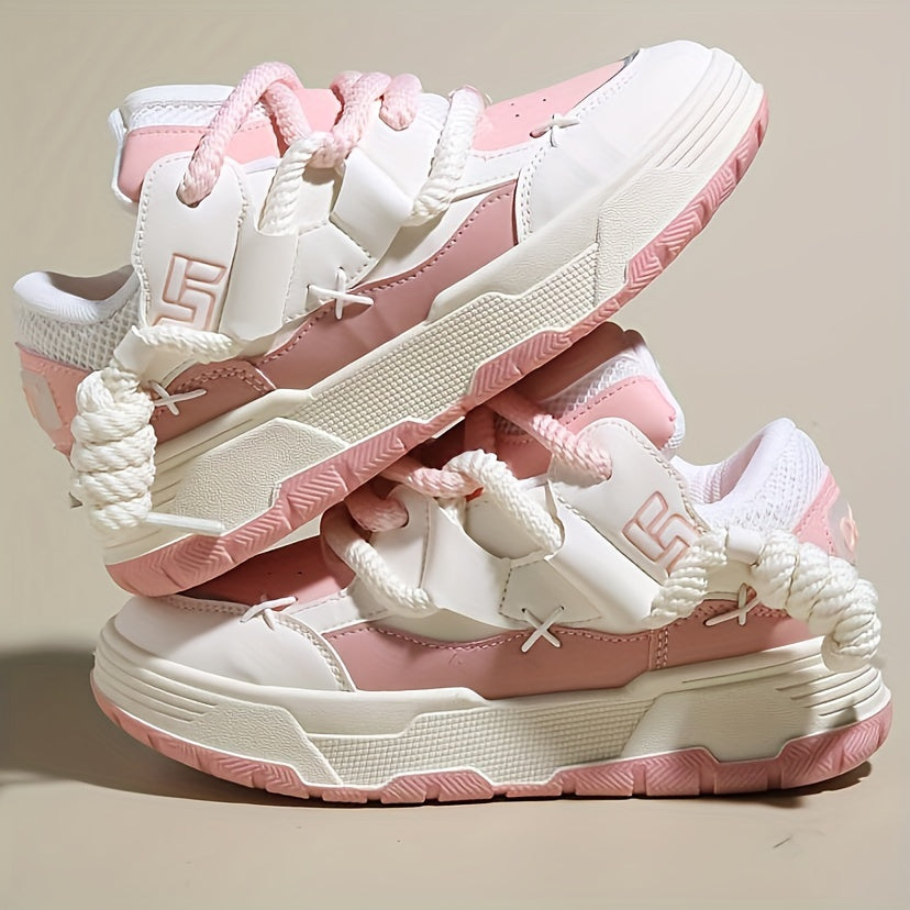 Pink Women's Chunky Lace-Up Sneakers Low Top All-Season Fabric Rubber Sole