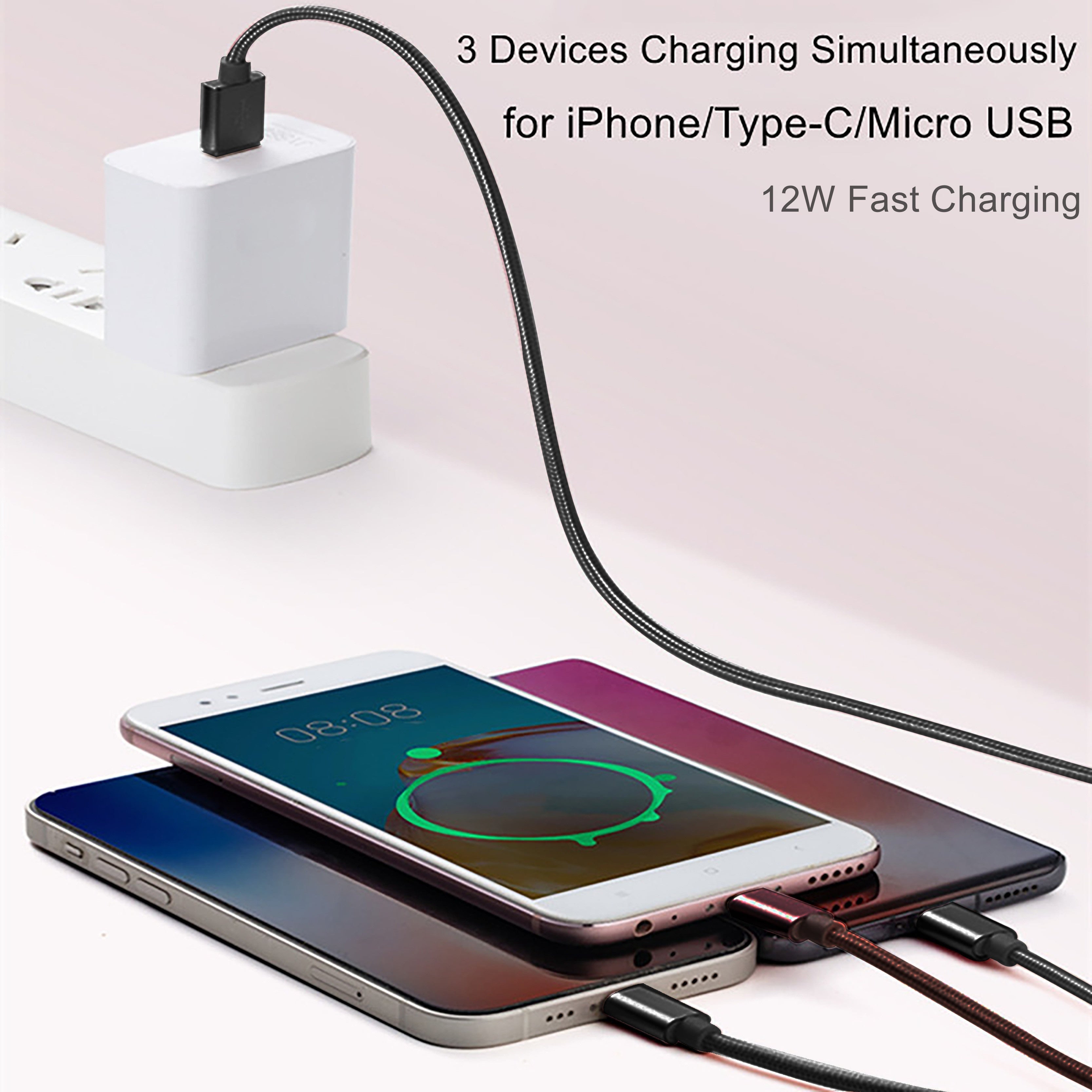 3-in-1 Nylon Braided USB Charging Cable with Fast Charging for iPhone, Samsung, Xiaomi
