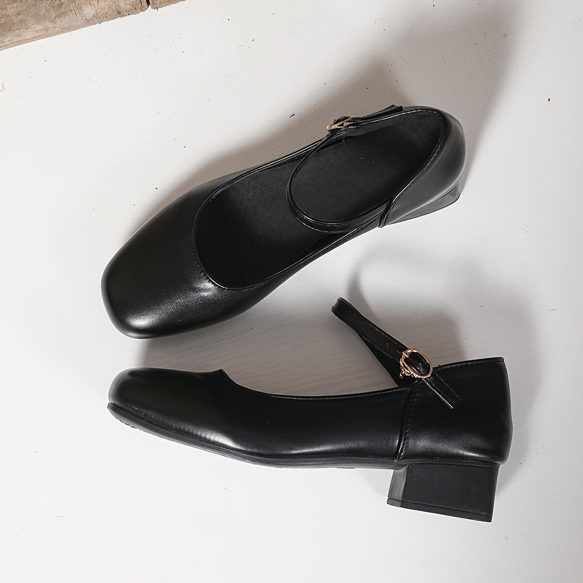 Women’s Black Mid-Heel Pumps with Ankle Strap and Rubber Sole