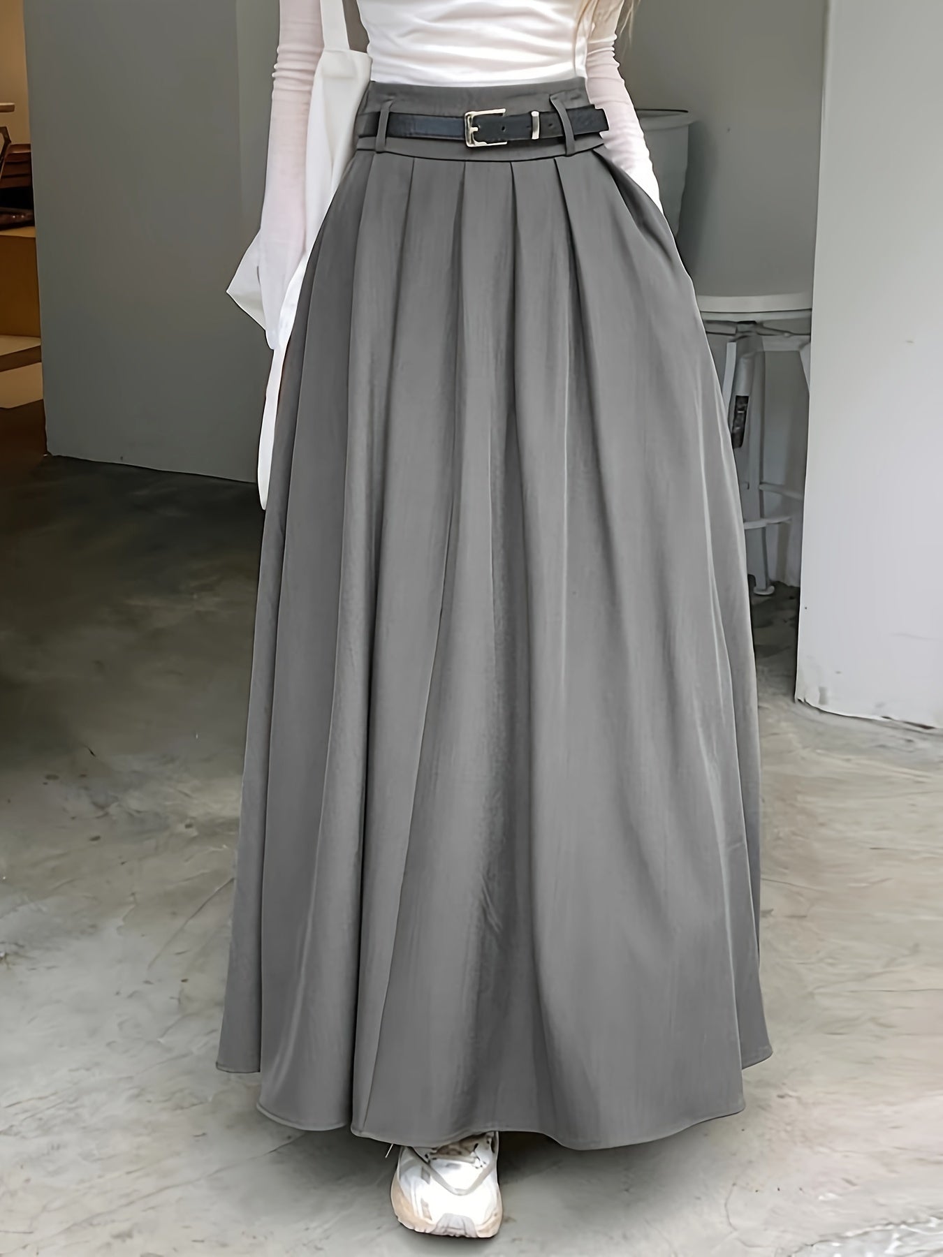 Women's High Waist Maxi Skirt with Dual Pockets Solid Color Spring Summer Elegant Loose