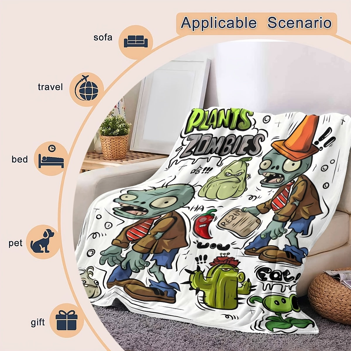 Cozy Flannel Throw Blanket with Plant and Zombie Design for Couch Bed Office Travel