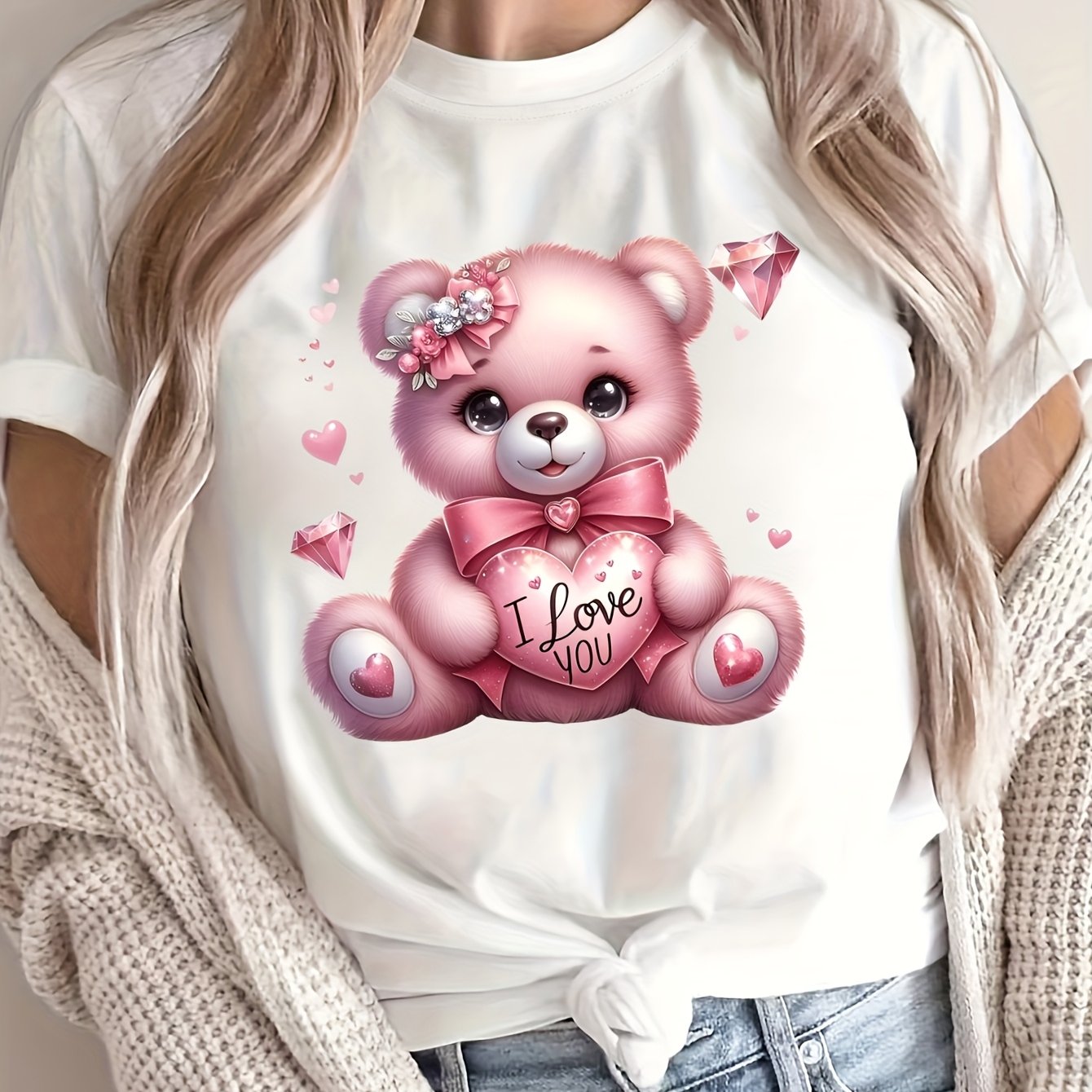 Women's Casual Crew Neck T-Shirt with Cartoon Bear Print Polyester Breathable All-Season