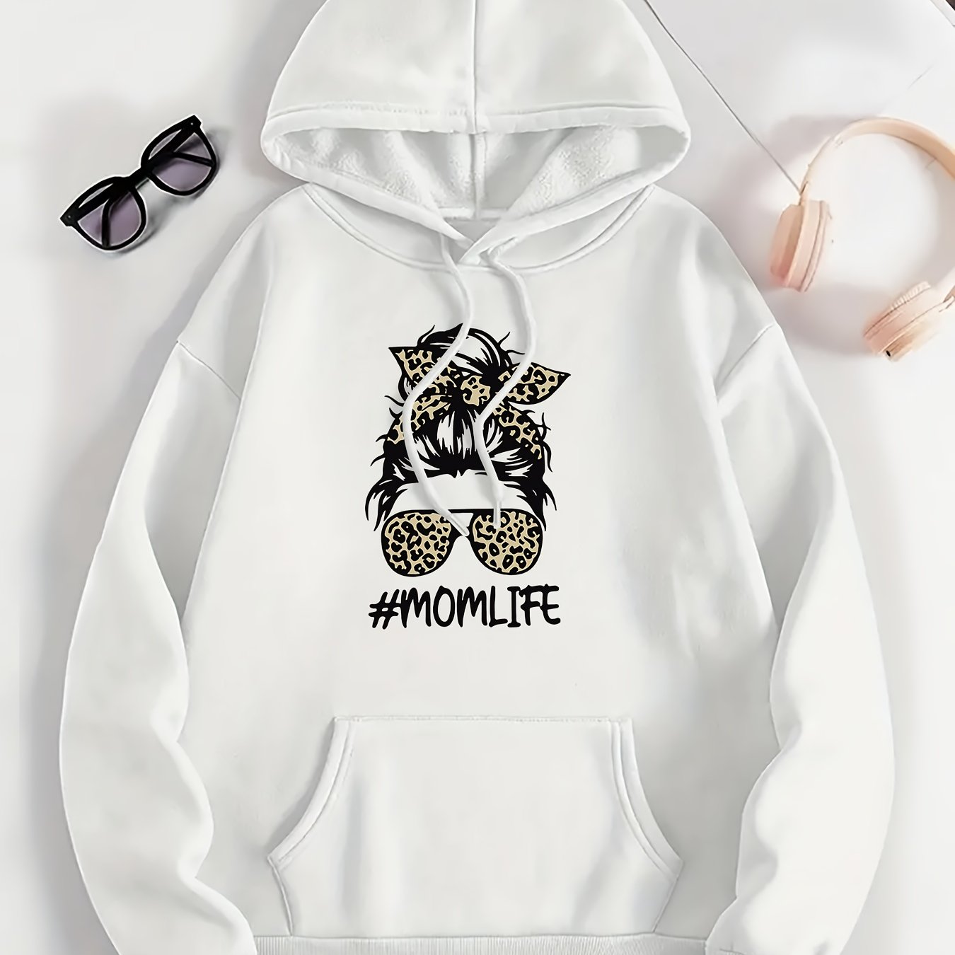 Women's Fleece Hoodie with Leopard Print Bow and Graphic Ivory Sweater