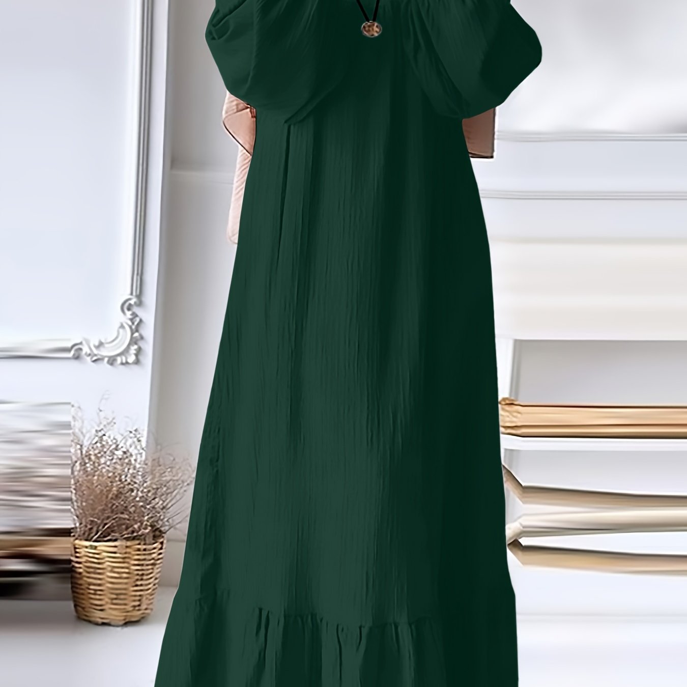 Green Vintage-Inspired Ruffle Hem Dress with Stretch Polyester for Spring and Fall