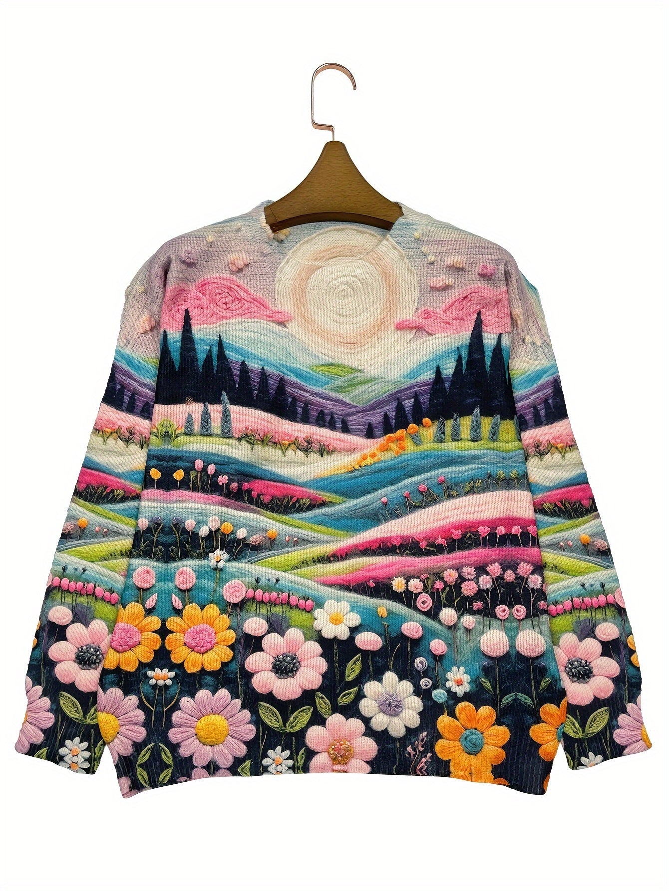 Suéter de punto de manga larga con cuello redondo y estampado floral para mujer talla grande