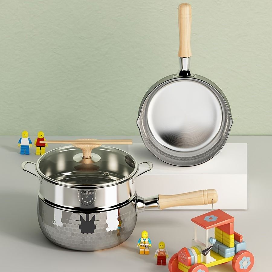 Small Stainless Steel Soup Pot 304 Brushed Finish Induction Compatible Wooden Handle