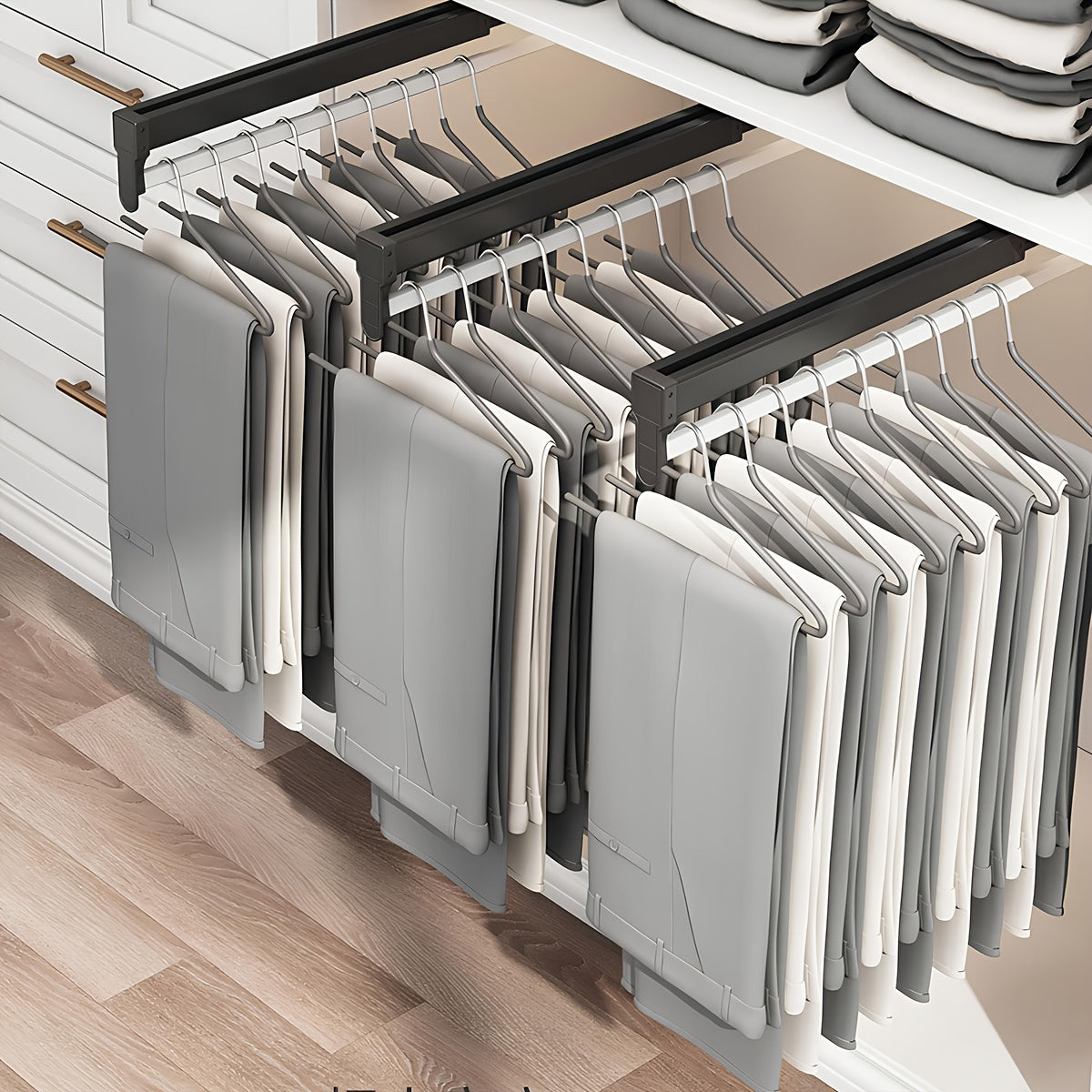 Adjustable Pull-Out Clothing Storage Rack with Metal Rod for Wardrobe Organization