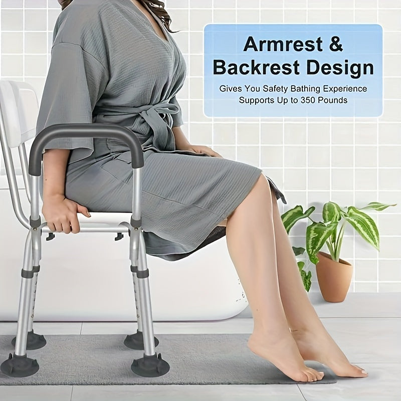 Orqa yostiqli sozlanadigan dush stuli, yostiqlangan tutqichlar, sirpanmaydigan oyoqlar, keksa va nogironlar uchun