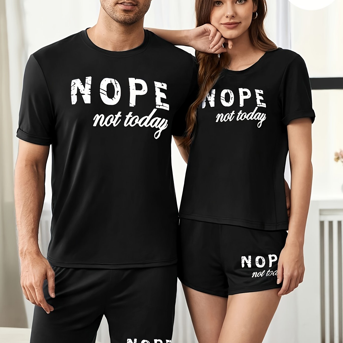 Valentine's Day Pajama Set with "NOPE Not Today" Letter Print Crew Neck Knit Fabric All-Season Comfort