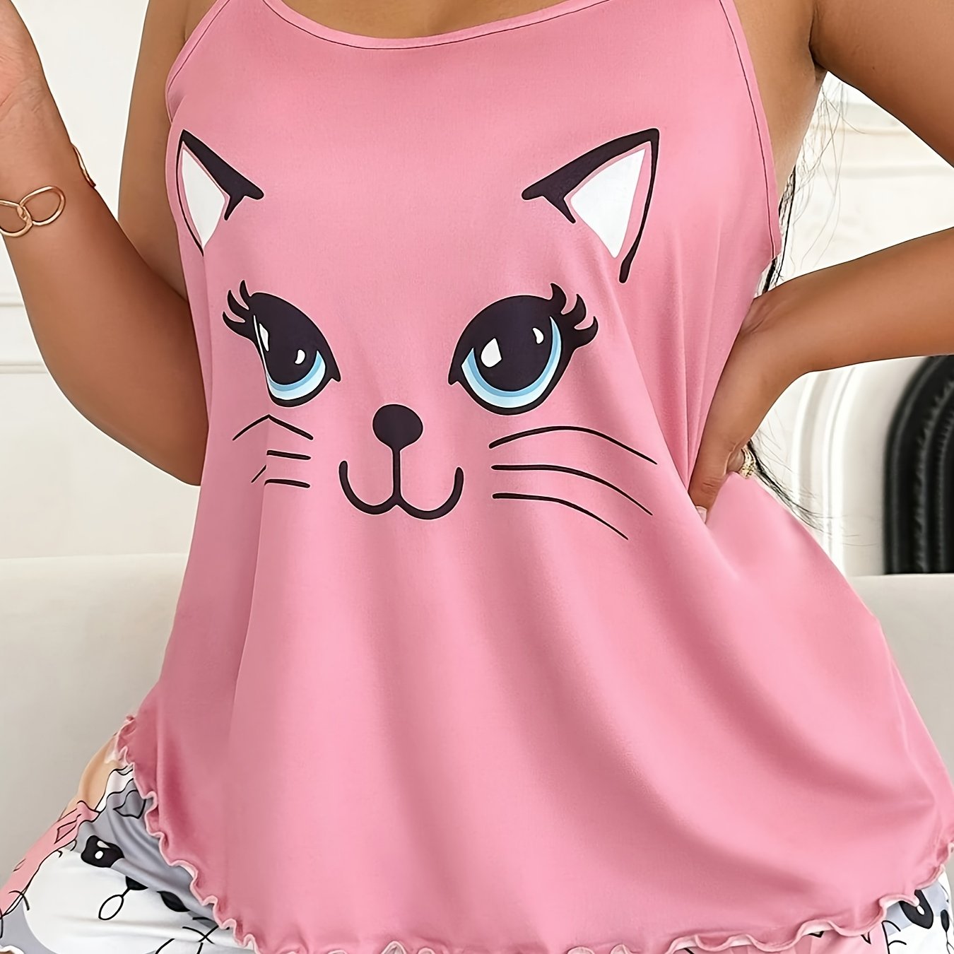 Plus Size Women's Cotton Cat Print Camisole Shorts Set