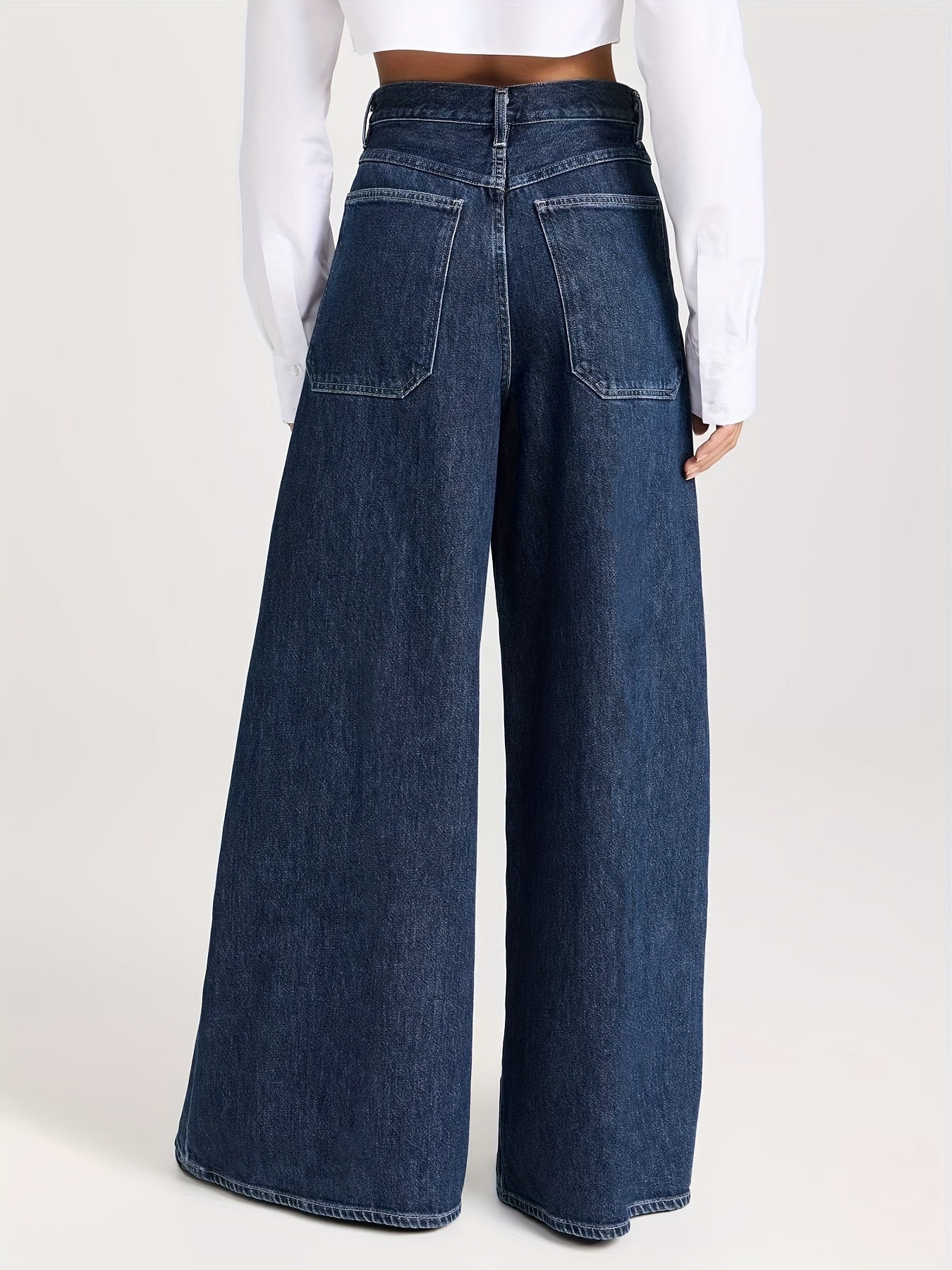 Women's Wide Leg Denim Jeans High-Waisted Solid Color Washed Finish All-Season Medium Stretch