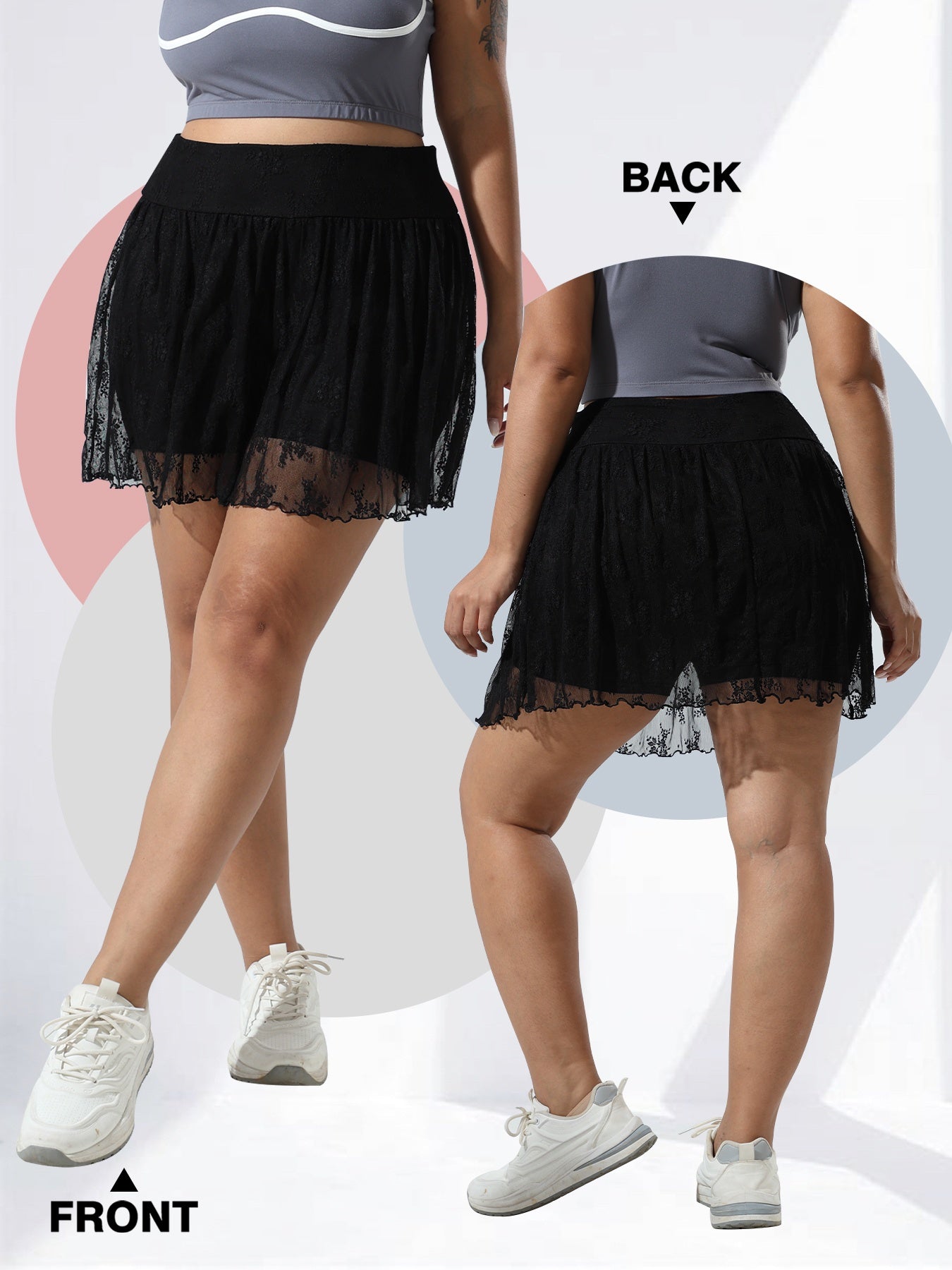 Plus Size Women's Lace-Trim Flared Shorts Skirt with Pockets Summer Fashion