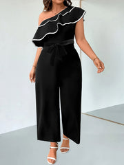 Women's Black Off-Shoulder Ruffle Jumpsuit with Waist Tie and Wide Legs