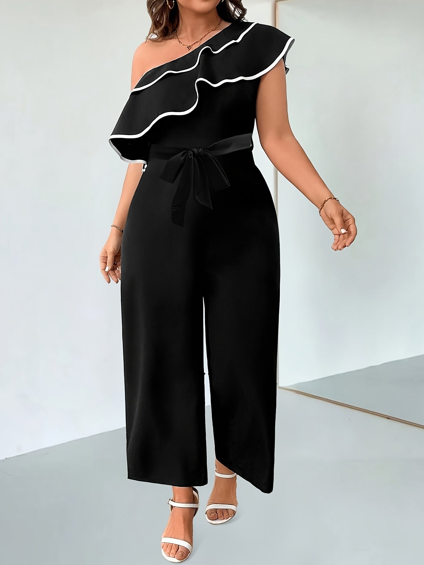 Women's Black Off-Shoulder Ruffle Jumpsuit with Waist Tie and Wide Legs