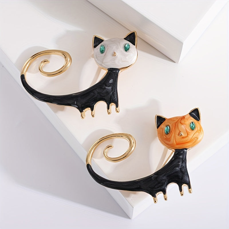 Set of 2 Halloween Black Cat Brooches Hand-Painted Cartoon Tails Alloy Chest Jewelry